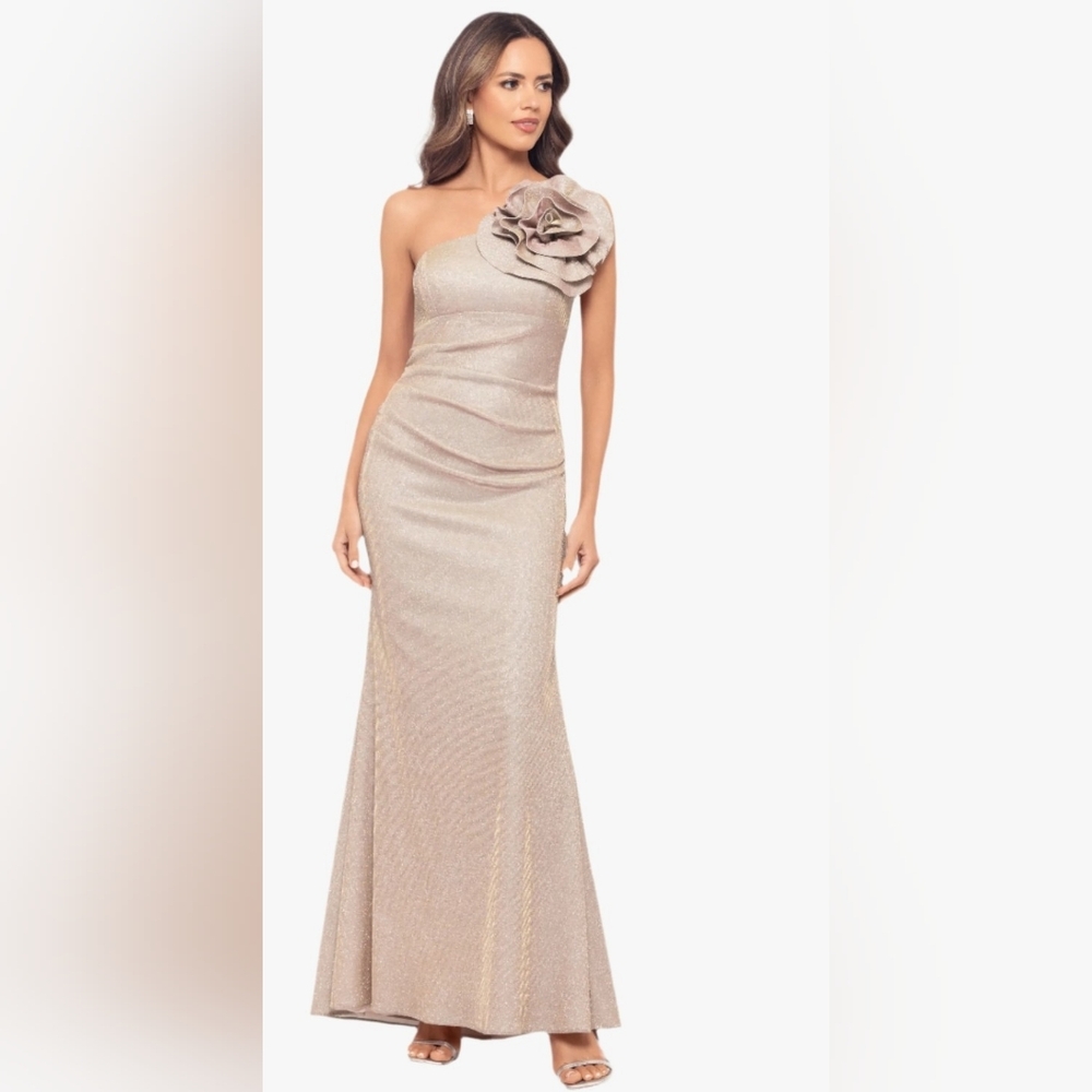 Betsy & Adam One-Shoulder Champagne-Gold Evening Gown with Floral Accent